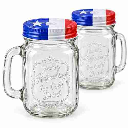 Vaso Jarro Mason de Vidrio con Asa y Tapa Fiestas Patrias
