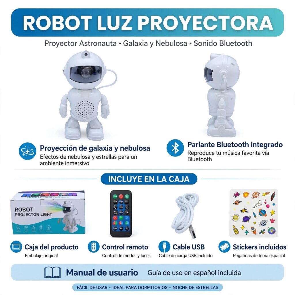 Robot Luz Proyectora Astronauta Galaxia con Bluetooth