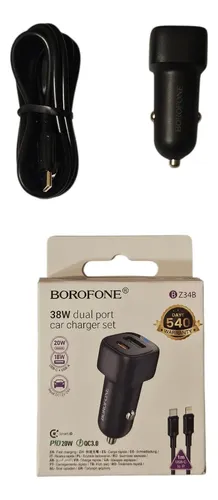 Cargador De Auto Super Rápido 38w Doble Usb + Cable Usb-c A Blanco