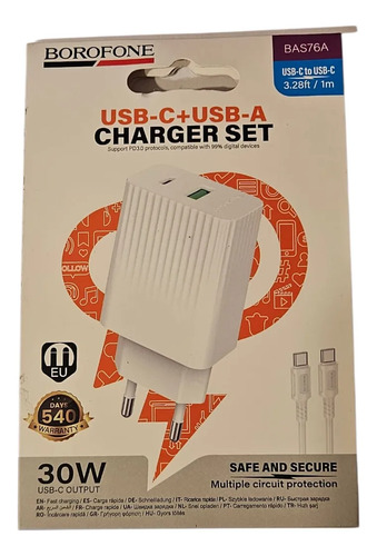 Cargador Super Rápido Cable C A C Doble Usb 30w Blanco